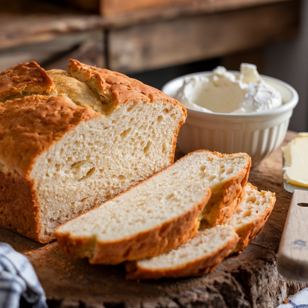 Freshly baked cottage cheese bread with a golden crust, sliced to show its soft crumb, on a rustic wooden board with a bowl of cottage cheese and butter knife.