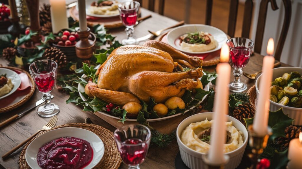 A golden roasted turkey surrounded by mashed potatoes, roasted Brussels sprouts, and cranberry sauce on a festive Christmas dining table with holiday decorations.