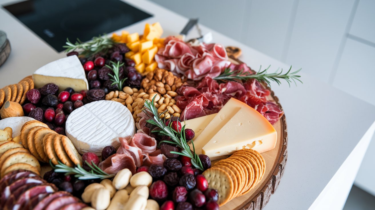 A festive charcuterie board with cheeses, cured meats, crackers, nuts, dried fruits, garnished with rosemary and cranberries on a wooden platter.