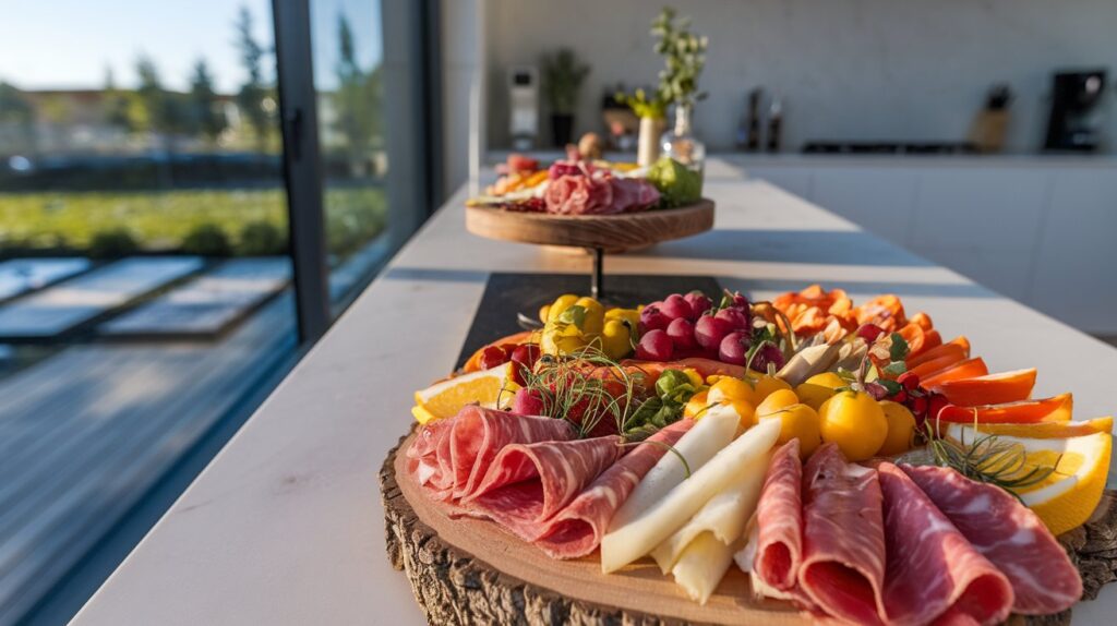 A festive charcuterie board with cheeses, cured meats, crackers, nuts, dried fruits, garnished with rosemary and cranberries on a wooden platter.