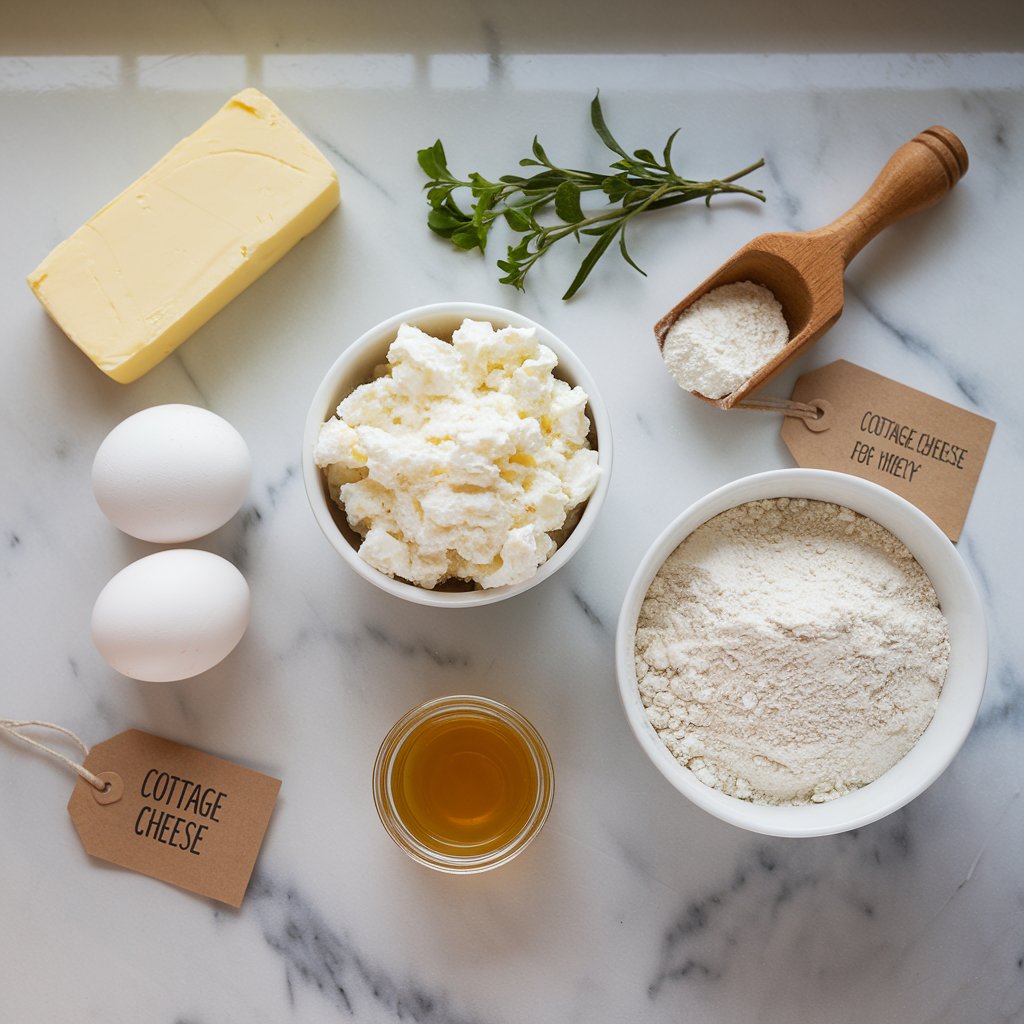 Flat lay of ingredients for cottage cheese bread, including eggs, butter, cottage cheese, flour, and honey, arranged neatly on a marble countertop.