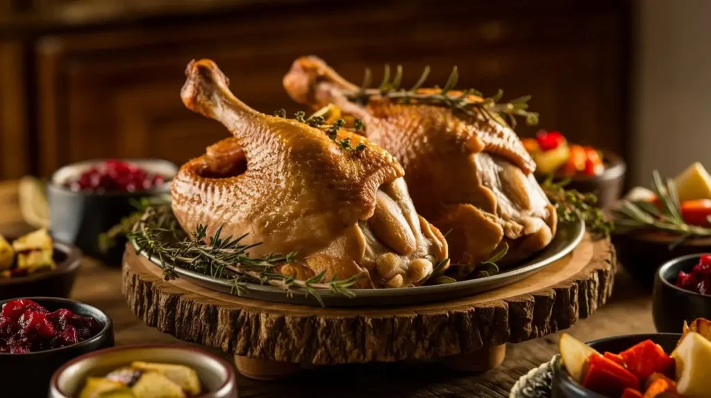 Close-up of golden-brown roasted turkey legs garnished with rosemary and thyme on a wooden platter, surrounded by cranberry sauce and roasted vegetables.