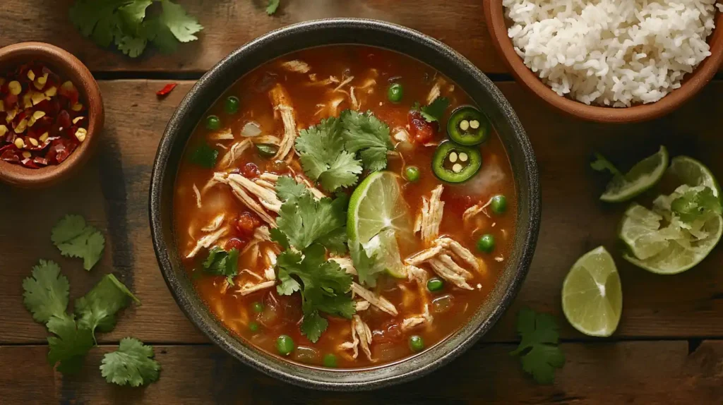 Close-up of chopt spicy chicken soup with rice garnished with cilantro and lime on a rustic table.