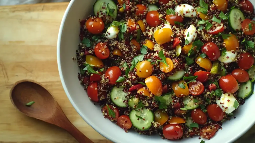 Colorful Italian quinoa salad in a white bowl with fresh vegetables, mozzarella, and a lemon garlic vinaigrette drizzle.