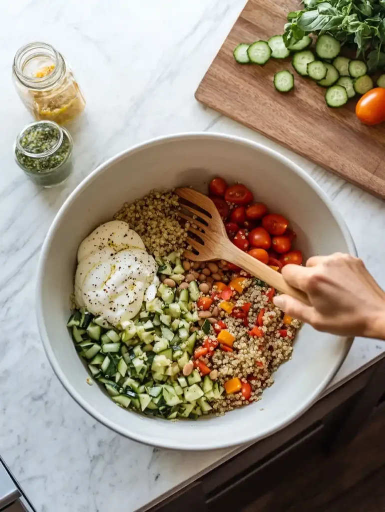 A mixing bowl with quinoa, vegetables, and mozzarella being tossed with a wooden spoon.