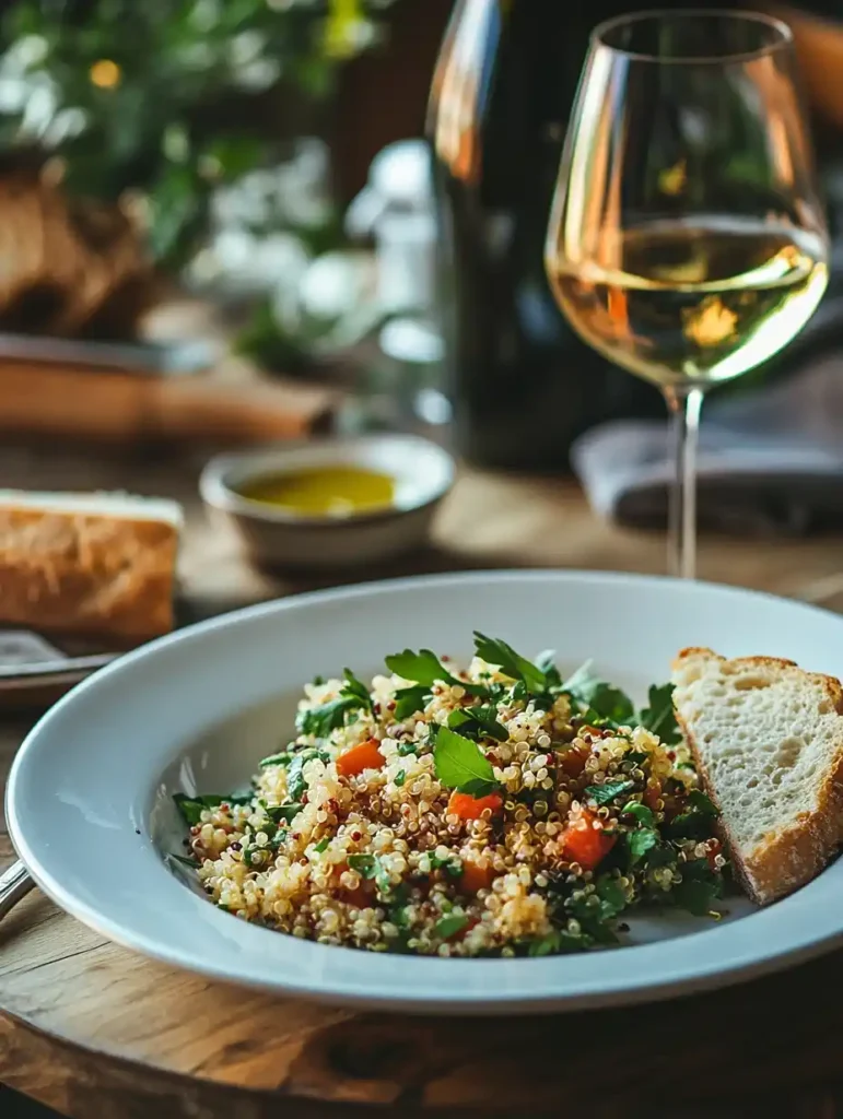 A plate of Italian quinoa salad garnished with herbs and served with crusty bread, perfect for a Mediterranean-inspired dinner.