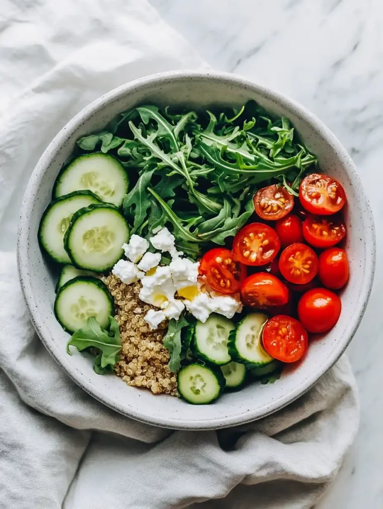 Vibrant quinoa salad with fresh vegetables, arugula, feta cheese, and olive oil drizzle in a white bowl on a marble countertop