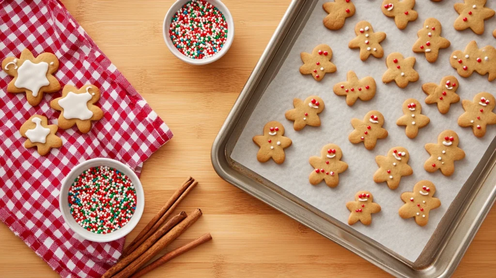 Freshly baked gingerbread man cookies decorated with icing, set on a festive holiday tray.