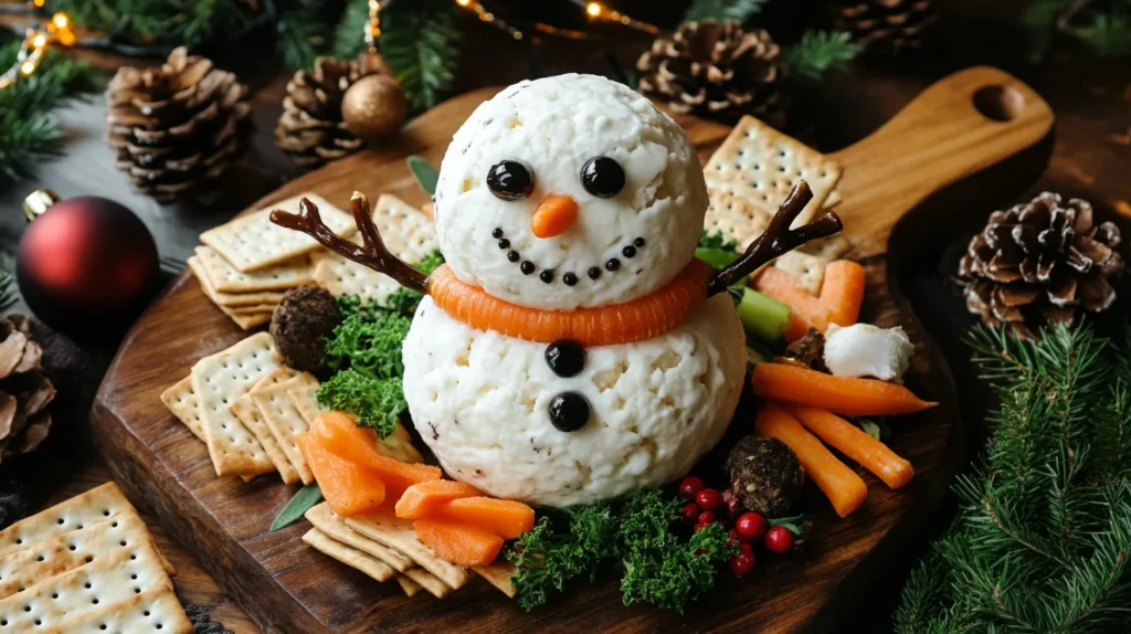 Close-up of a snowman cheese ball appetizer decorated with olives, carrots, and parsley, surrounded by crackers and veggies on a rustic platter.