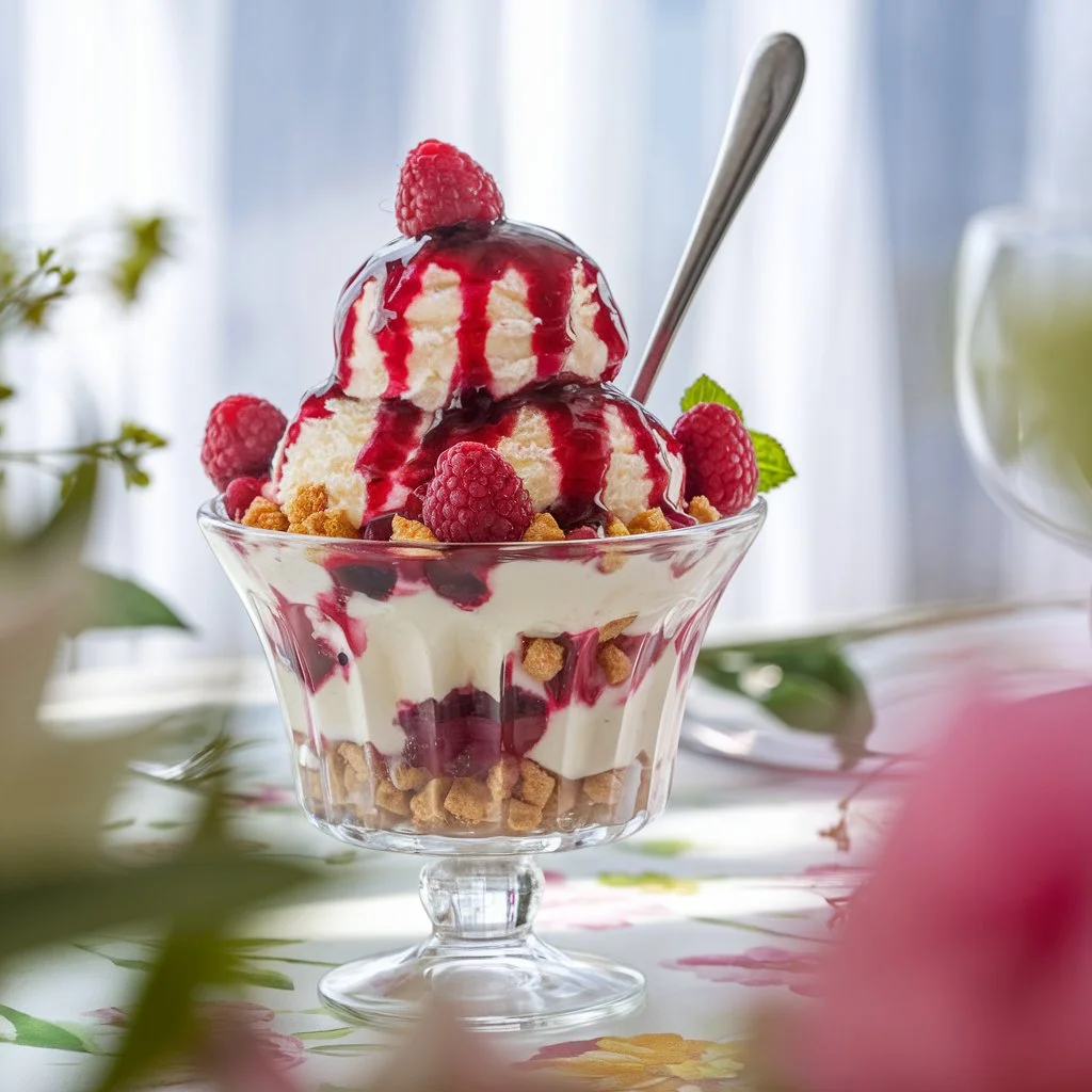 Glass dessert bowl filled with raspberry cheesecake ice cream, raspberry sauce, crushed graham crackers, and fresh raspberries.