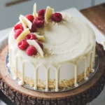 Gluten-free white chocolate cake with white chocolate glaze and fresh raspberries on a wooden cake stand.