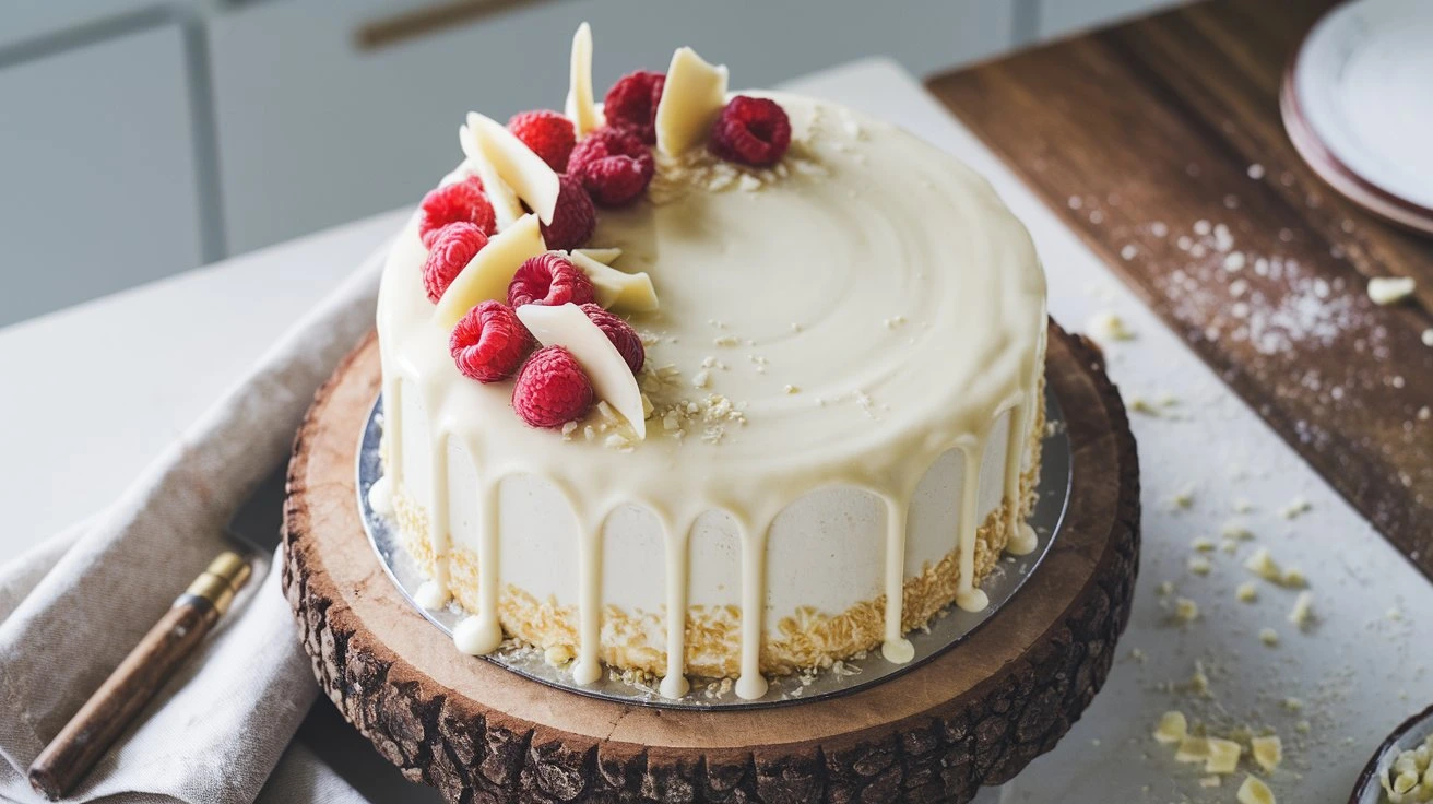 Gluten-free white chocolate cake with white chocolate glaze and fresh raspberries on a wooden cake stand.