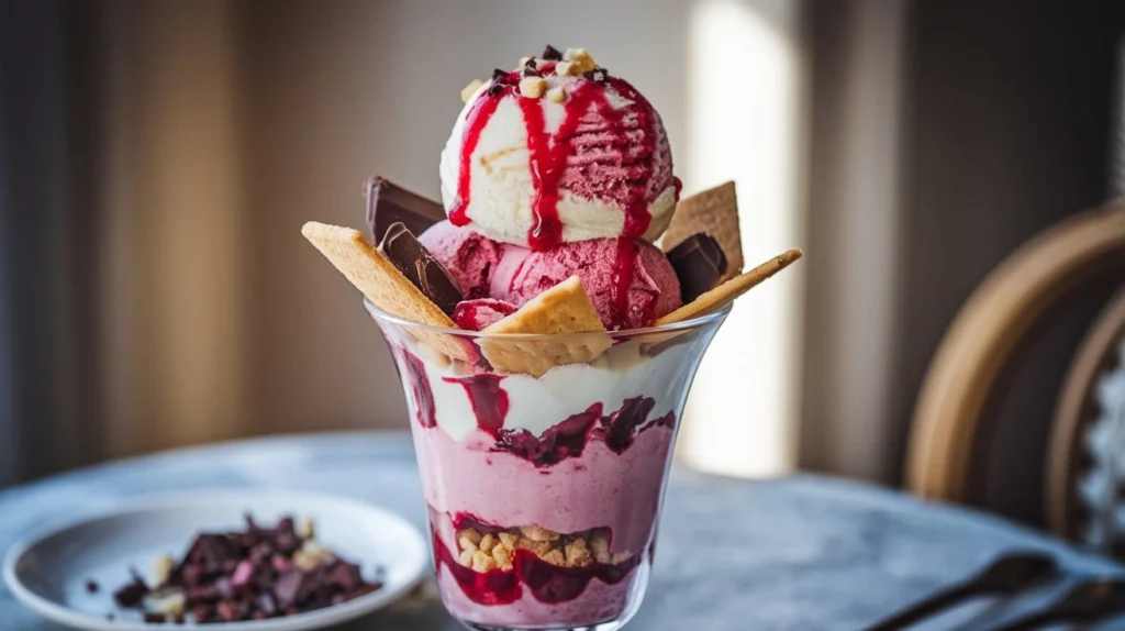 Parfait-style raspberry cheesecake ice cream layered with raspberry sauce, chocolate shavings, and graham crackers in a tall glass.