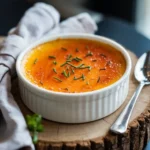 A luxurious close-up of crab brulee with caramelized sugar crust and fresh herbs, served in a ramekin on a rustic wooden board.