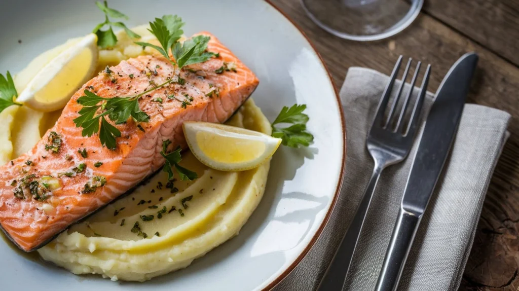 Perfectly cooked salmon fillet with creamy mashed potatoes garnished with parsley and lemon on a white plate.