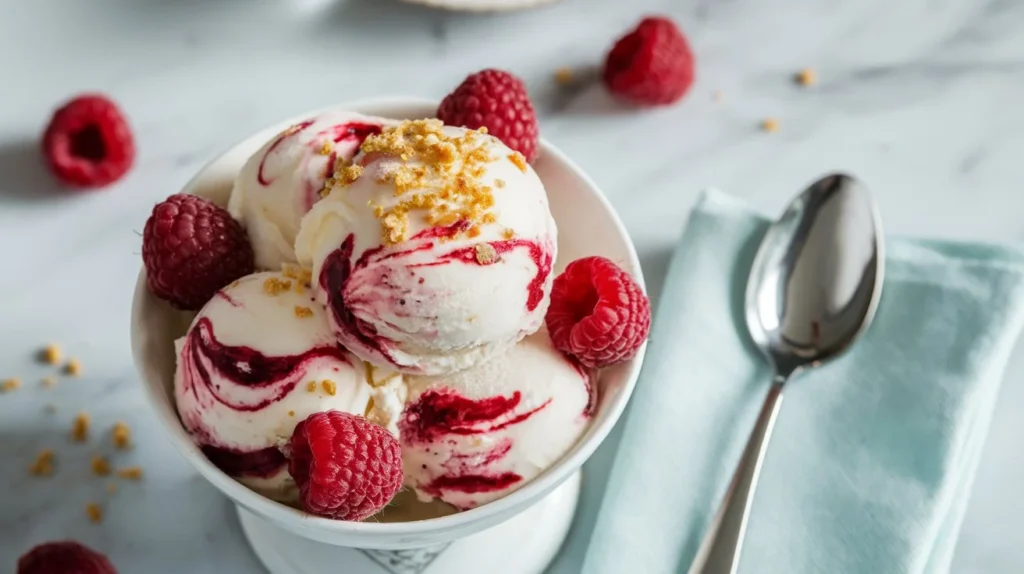 Close-up of raspberry cheesecake ice cream in a bowl, swirled with raspberry compote and garnished with fresh raspberries on a marble countertop