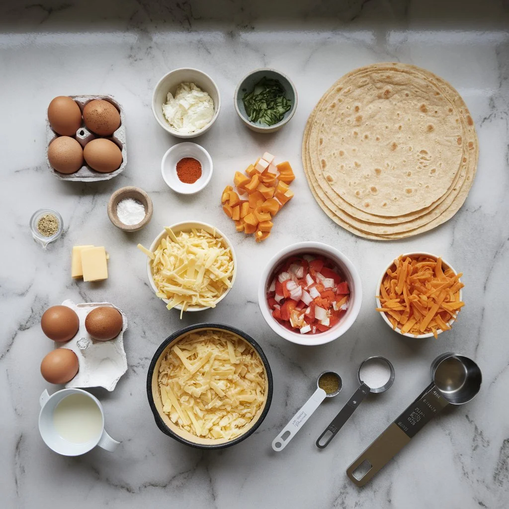 Ingredients for tortilla quiche bake, including eggs, tortillas, cheese, vegetables, and herbs arranged on a marble countertop.