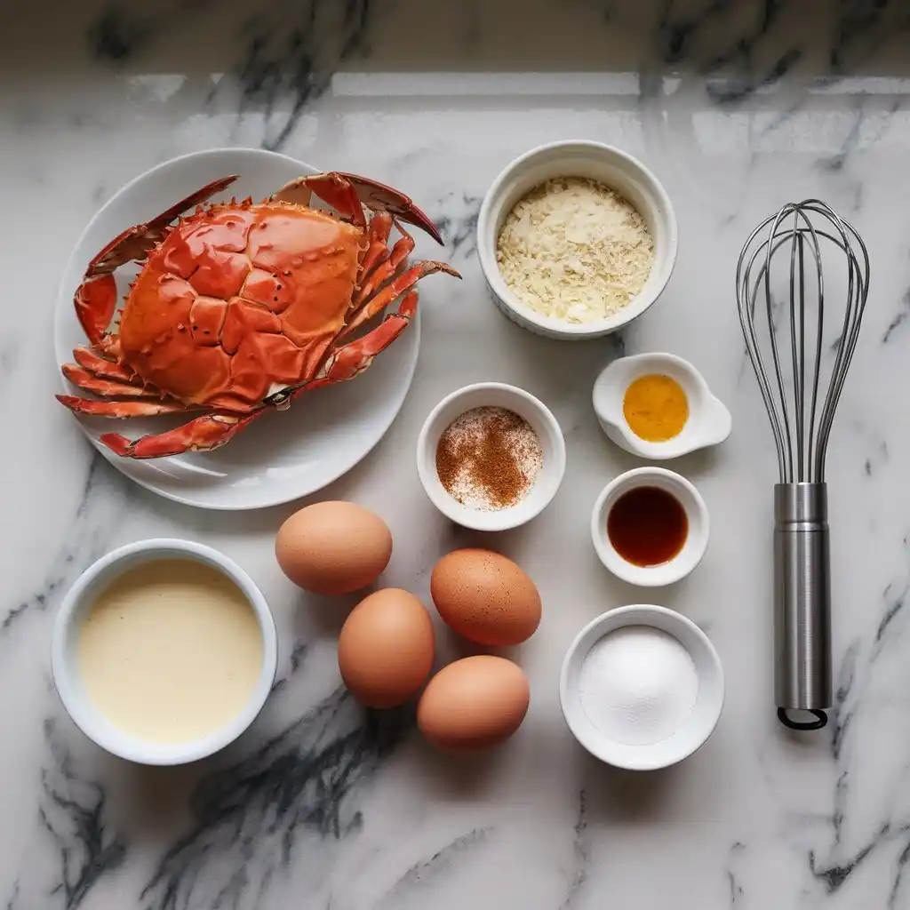 Ingredients for crab brulee arranged on a marble countertop, including crab meat, heavy cream, eggs, and Parmesan cheese.