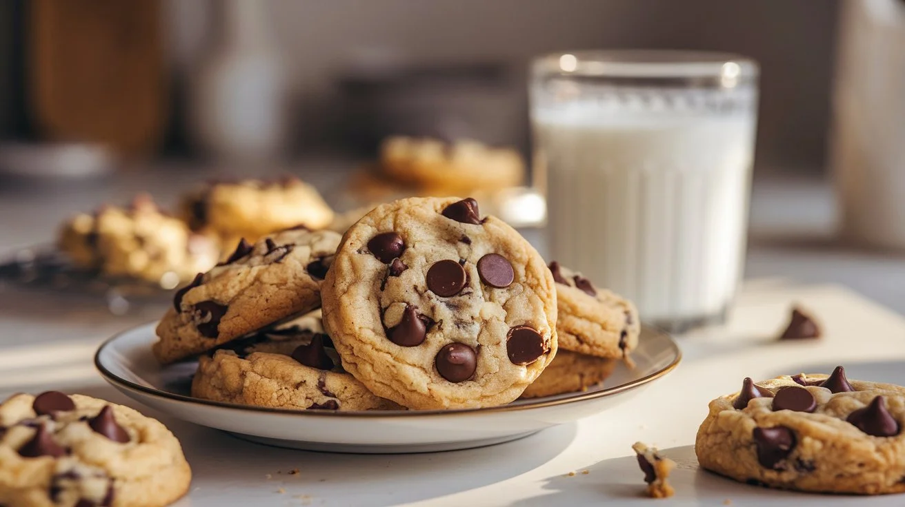 Freshly baked chocolate chip cookies without brown sugar cooling on a rack, surrounded by baking ingredients on a rustic wooden surface.