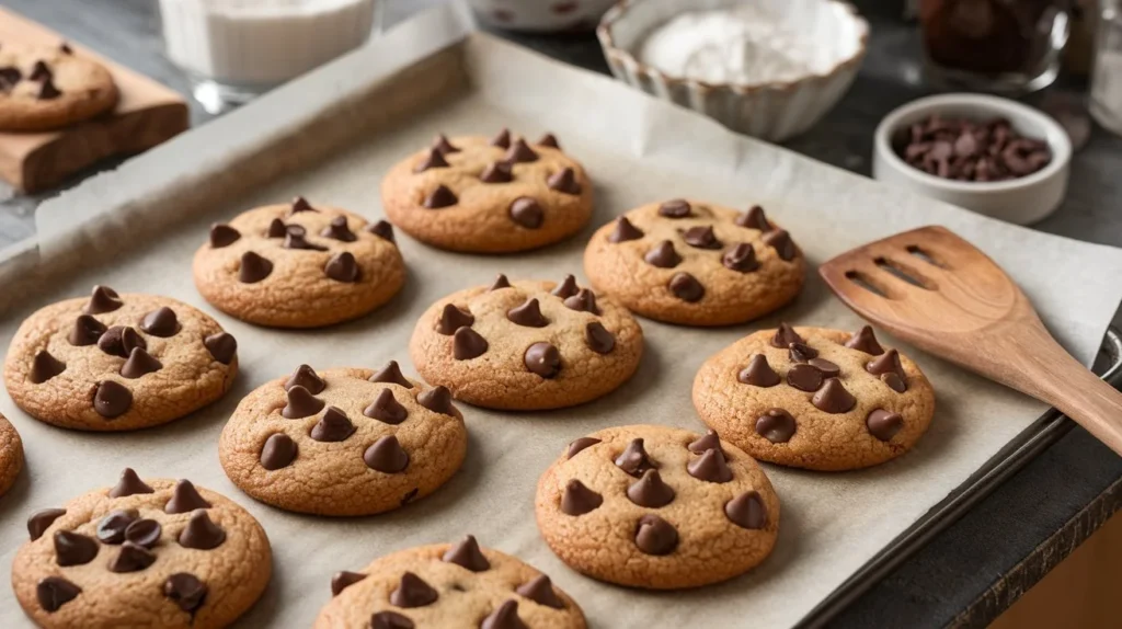 Freshly baked chocolate chip cookies without brown sugar cooling on a rack, surrounded by baking ingredients on a rustic wooden surface.