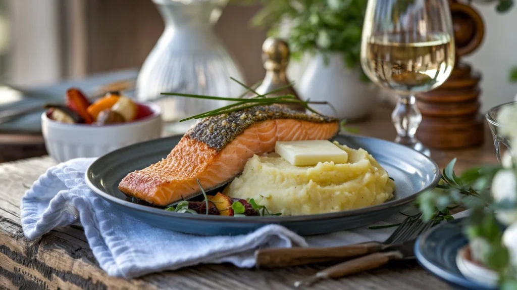 Plated dish of golden-crusted salmon with buttery mashed potatoes topped with chives, served with a side of roasted vegetables.