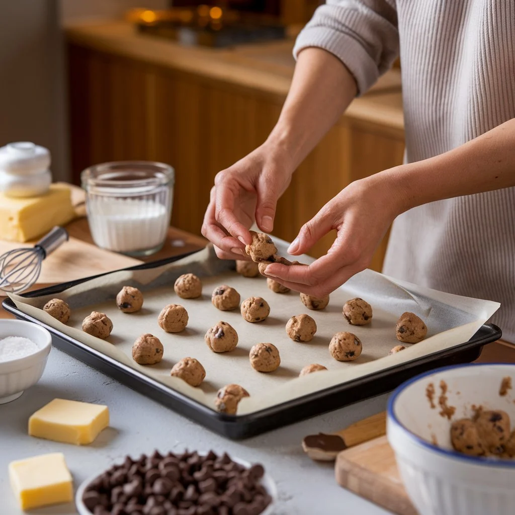 Baker shaping cookie dough for chocolate chip cookies without brown sugar on a parchment-lined sheet