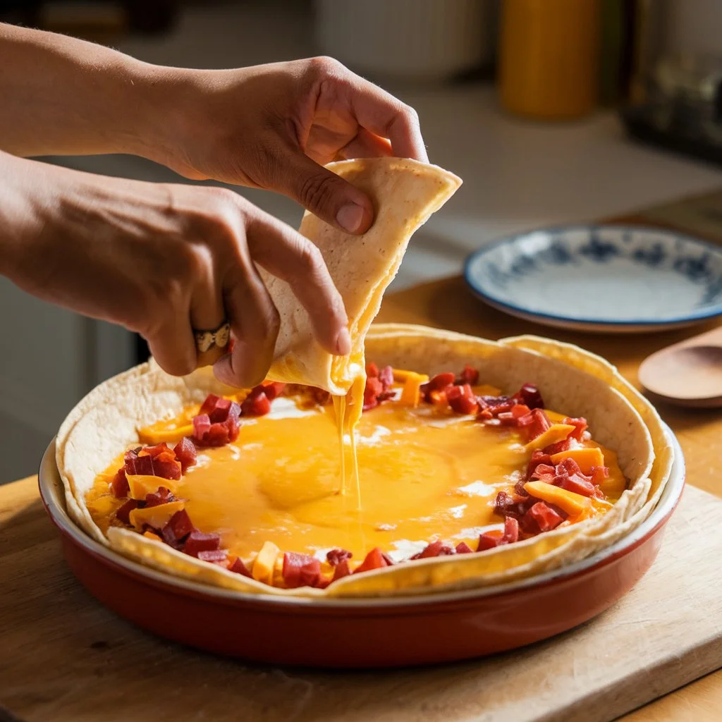 Step-by-step preparation of tortilla quiche bake, showing hands layering tortillas and pouring egg mixture in a baking dish.