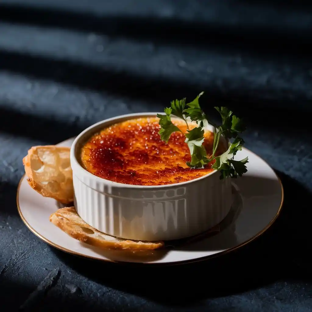 Ingredients for crab brulee arranged on a marble countertop, including crab meat, heavy cream, eggs, and Parmesan cheese.