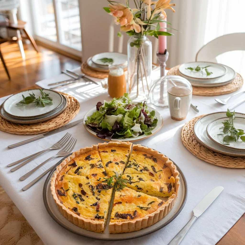  A plate of tortilla quiche bake served with a green salad and coffee on a cozy brunch table.
Title: Tortilla Quiche Bake Brunch Spread